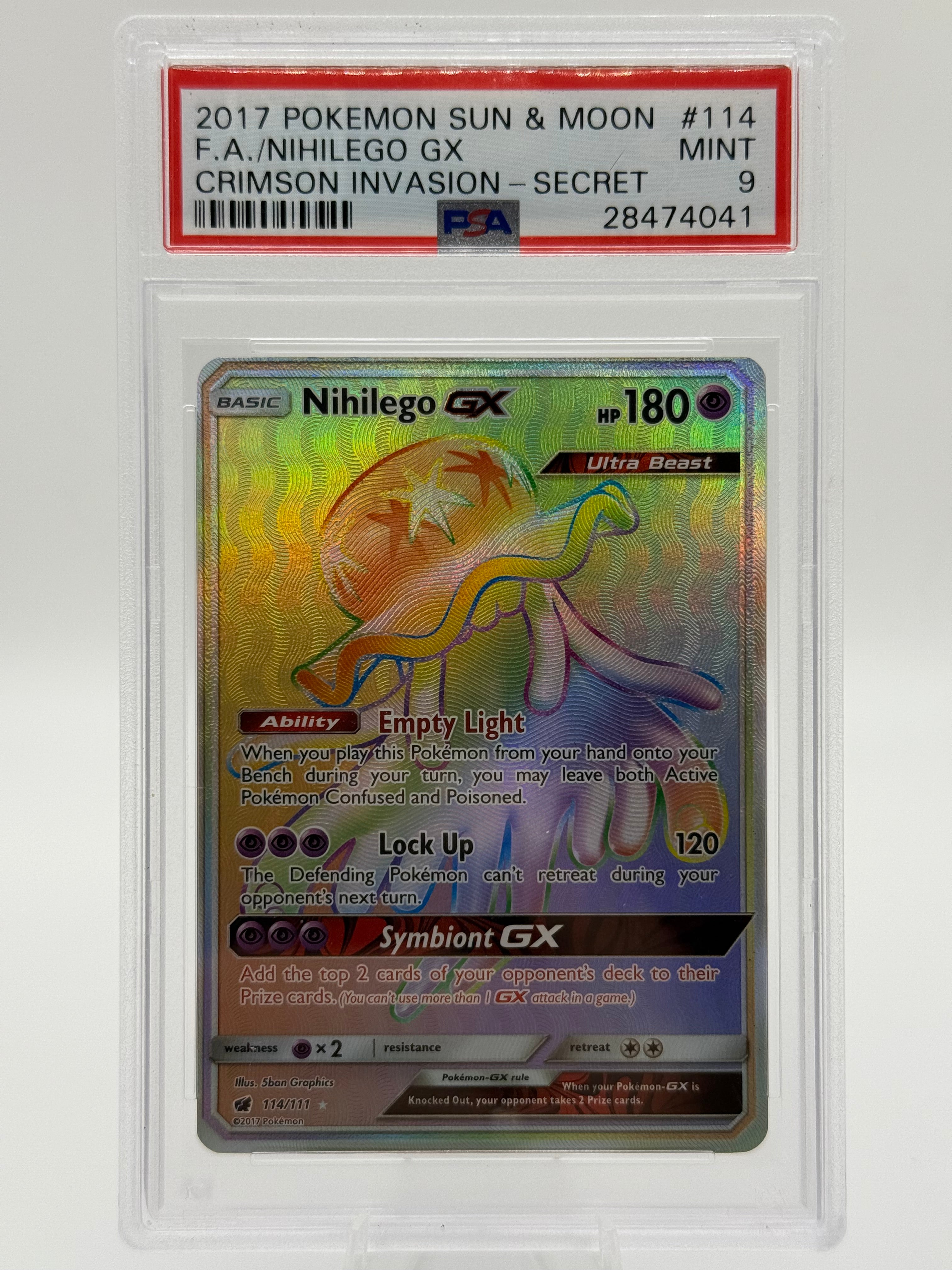 PSA 9 - Nihilego GX Full Art Secret (114/111) - Sun & Moon: Crimson Invasion